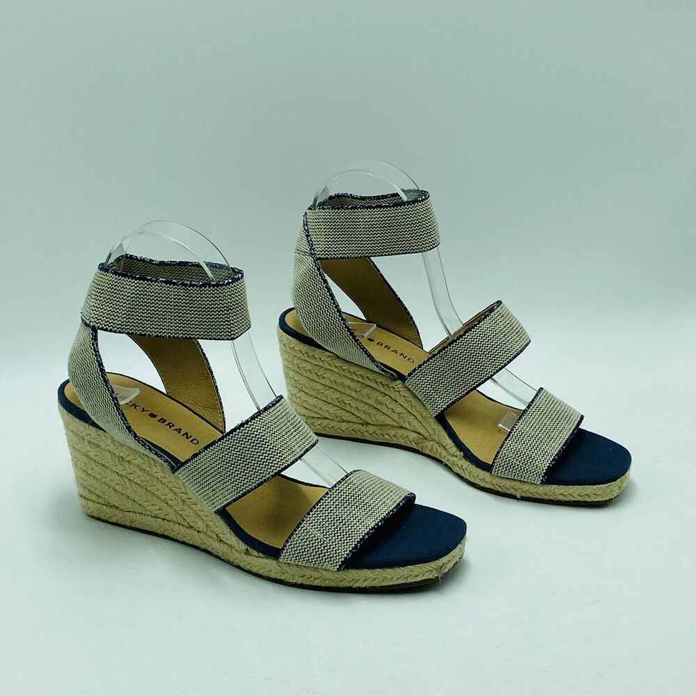Lucky Brand Women's 8M Espadrille Wedges Sandals Beige Blue Slip On Strappy